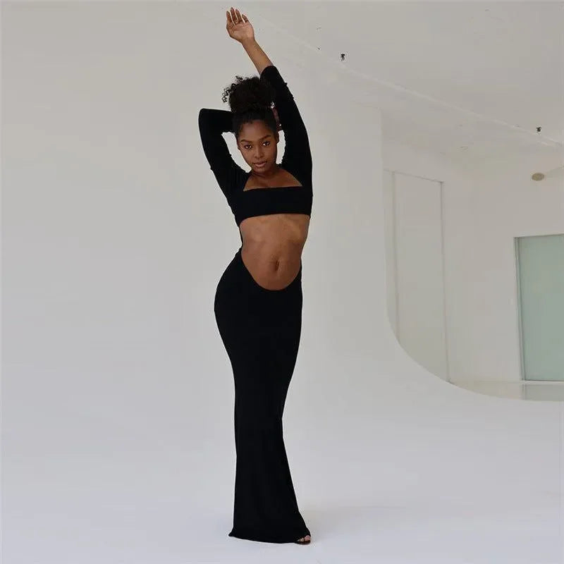 black cut-out maxi dress with long sleeves, evening wear