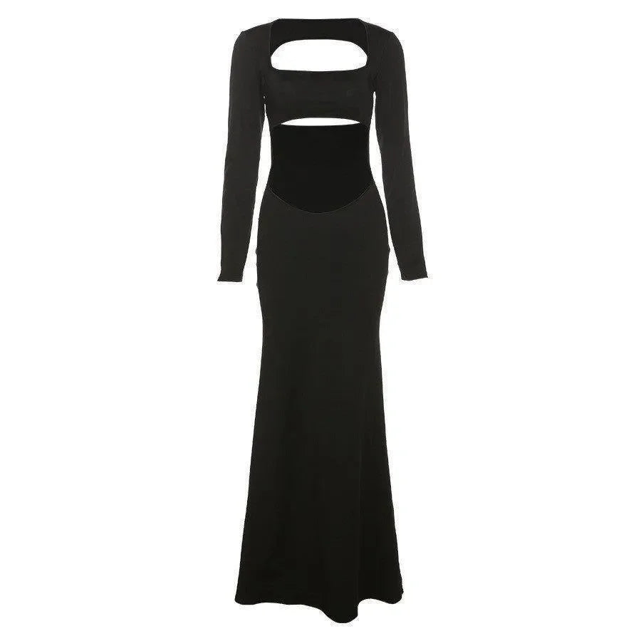 cut-out long-sleeve black gown, evening wear