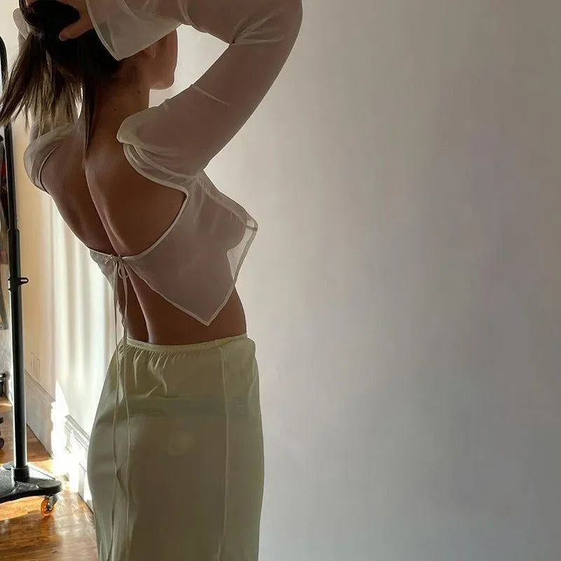 Morning Glory Chiffon Long Sleeve Crop Top - Red / S - Mermaid Way