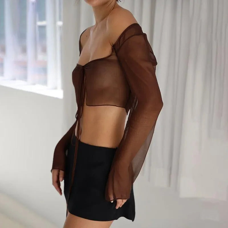 Morning Glory Chiffon Long Sleeve Crop Top - Red / S - Mermaid Way