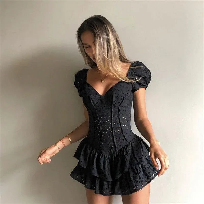 knee length dresses for ladies Black Eyelet Cotton Mini Dress – Dear Society main image 1