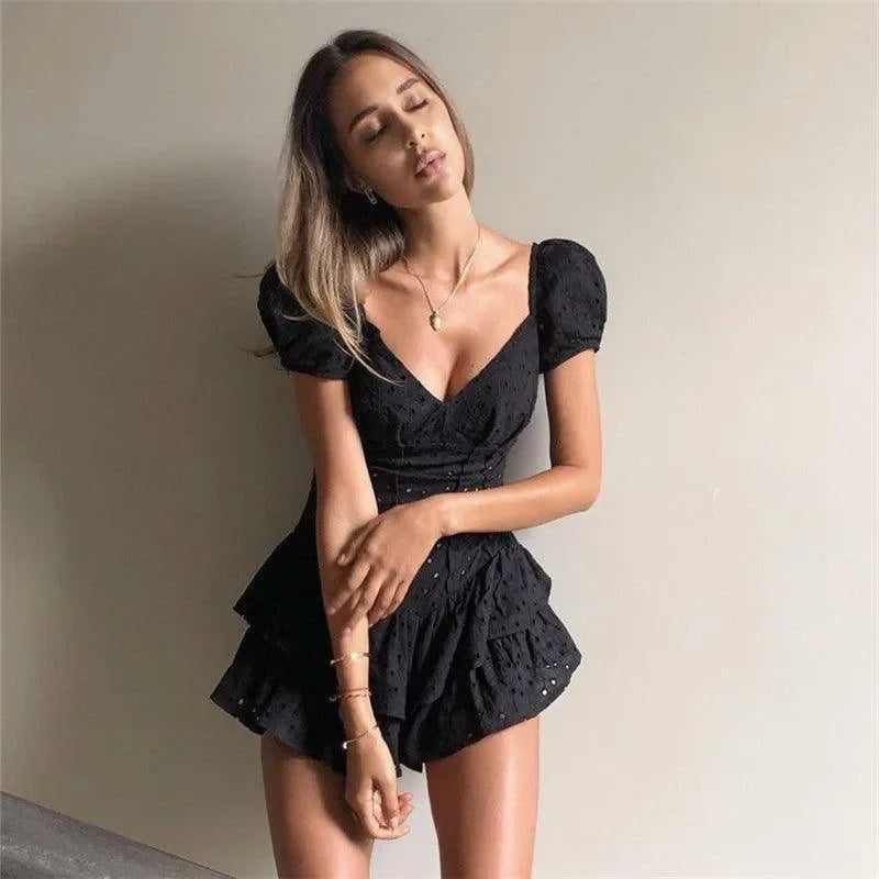 black lace mini dress with puff sleeves, evening look