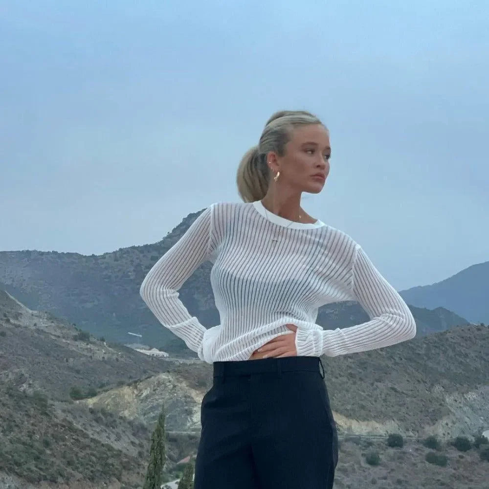 white sheer ribbed long-sleeve top, casual look