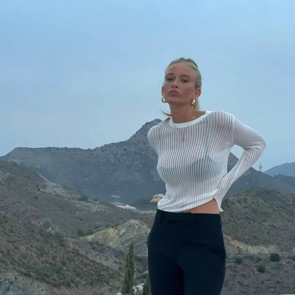 sheer ribbed long-sleeve top, casual style