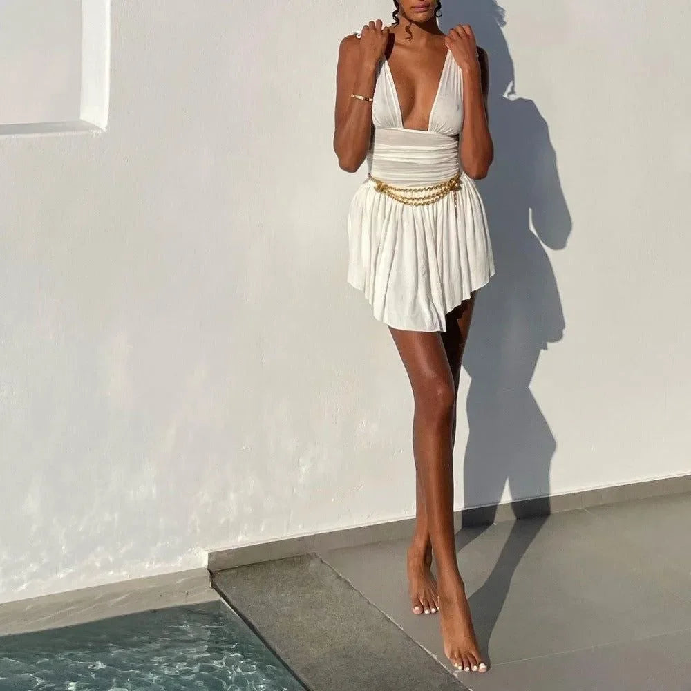 white ruched mini dress with gold chain belt, evening look