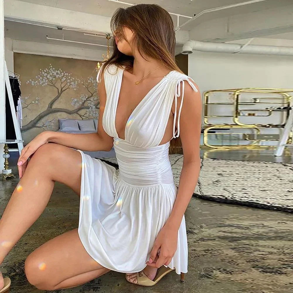 plunging white ruched mini dress, evening wear