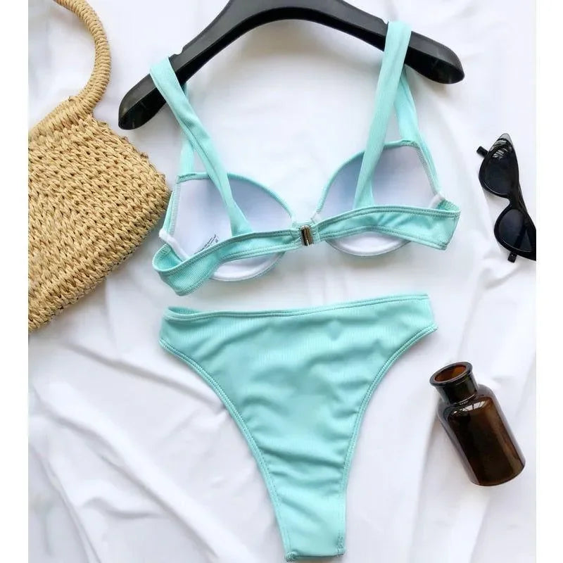 mint green bikini set on hanger, summer beachwear