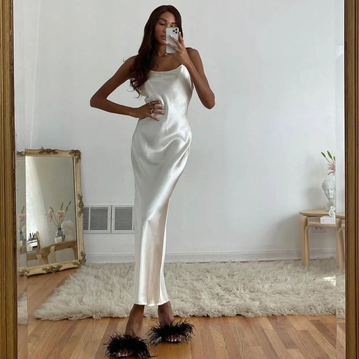 White Olivia Metallic Satin Cowl Neck Maxi Dress Mermaid Way