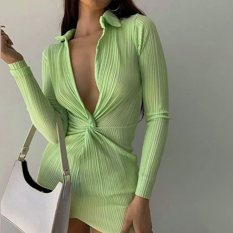 Palm Ribbed Deep-V Light Green Mini Dress with Twist