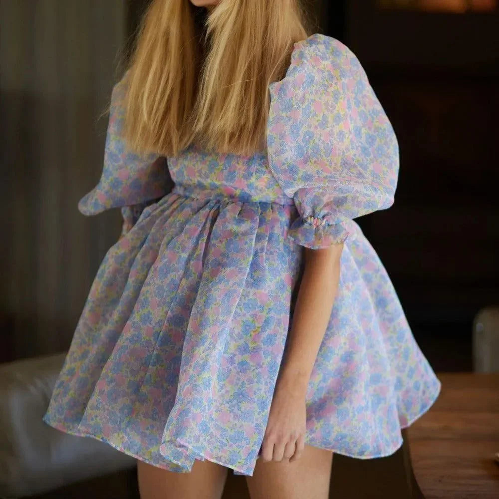 Paloma Sweet Pastel Floral Puff Mini Dress - Light Blue / S - Mermaid Way