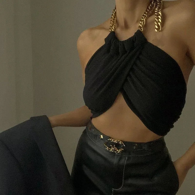 Panther Cropped Twisted Halterneck Chain Top - Black / S - Mermaid Way