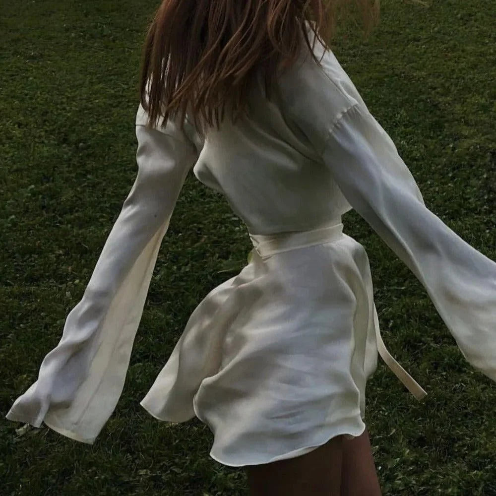 Paradise City Button Front Satin Blouse & Self Belted Skirt Set - White / S - Mermaid Way