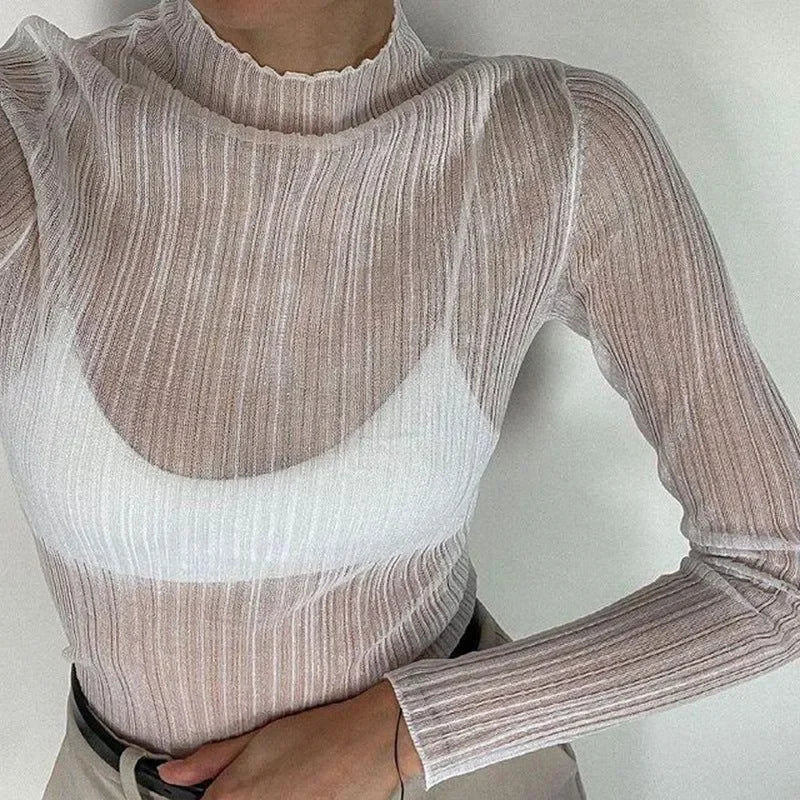 ribbed mesh long-sleeve top, layering piece