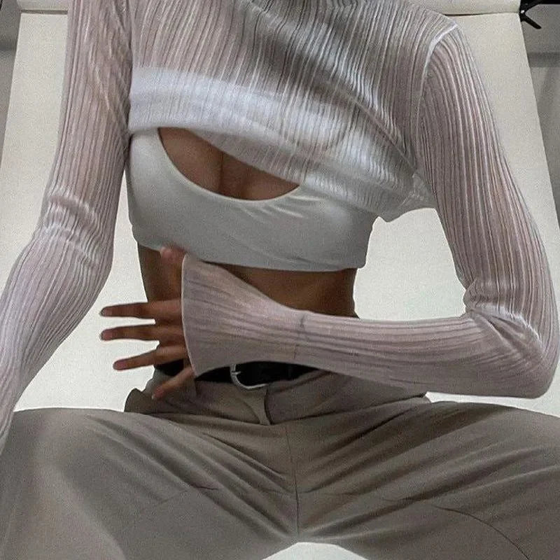ribbed long-sleeve crop top with cut-out, casual style