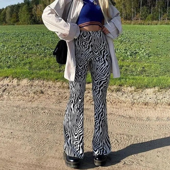 zebra print flare pants with casual daytime style