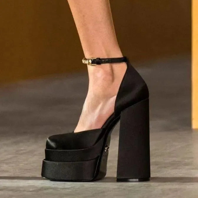 Rendezvous Double Platform Crystal Strap Satin Pumps - Black / 5 - Mermaid Way