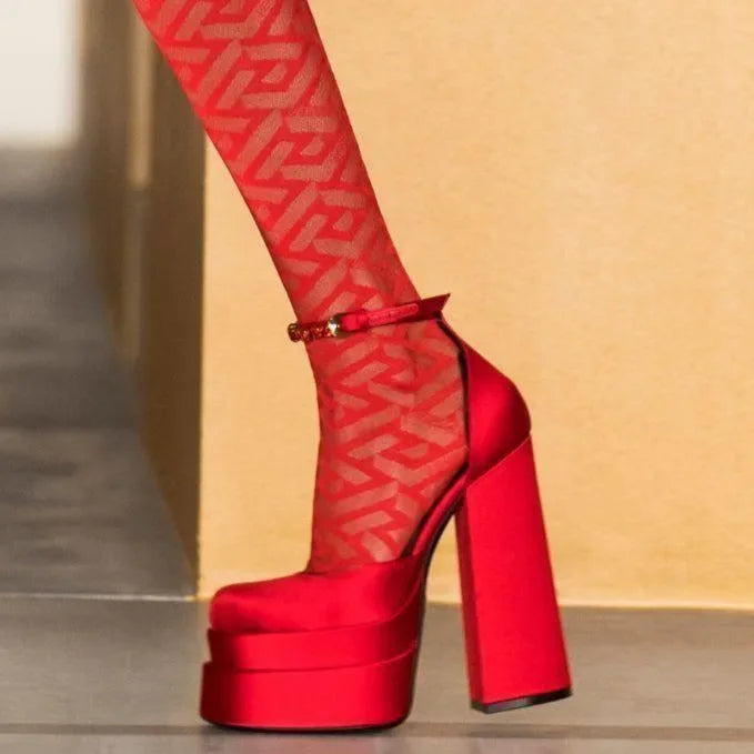 Rendezvous Double Platform Crystal Strap Satin Pumps - Red / 5 - Mermaid Way