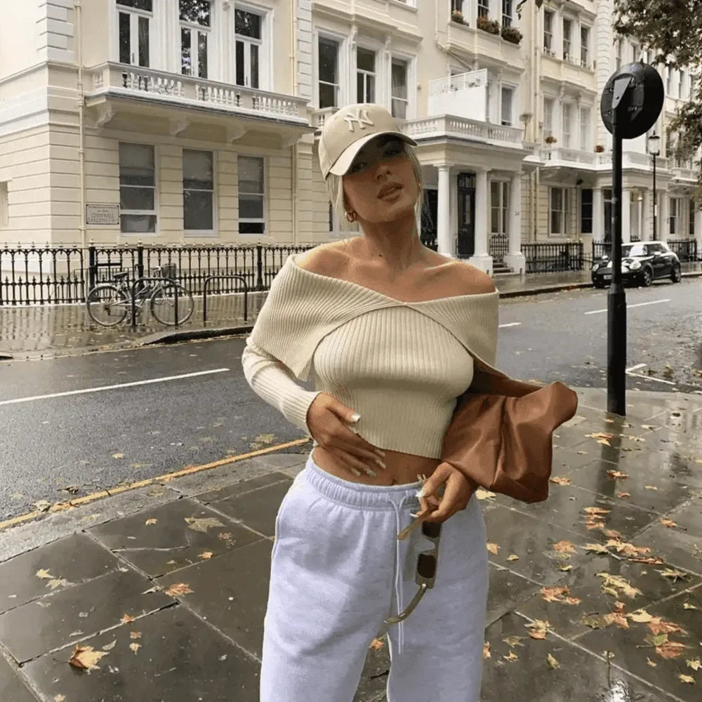 ribbed off-shoulder crop top with long sleeves, casual street style