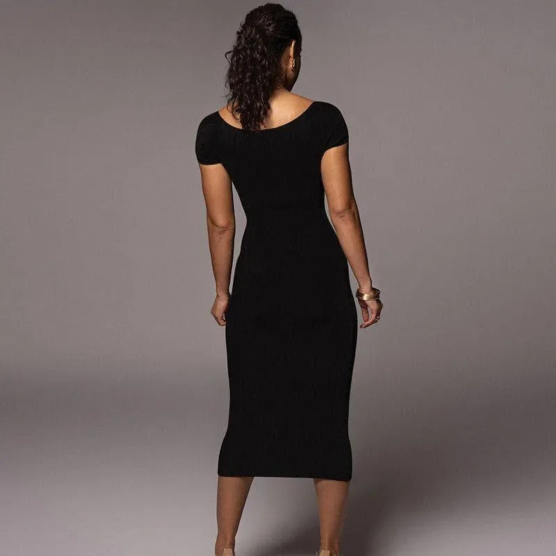 black bodycon midi dress, evening look