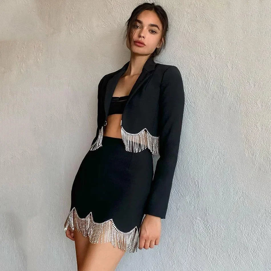 Sensation Crystal Hem Blazer & Skirt Set - Black / XS - Mermaid Way