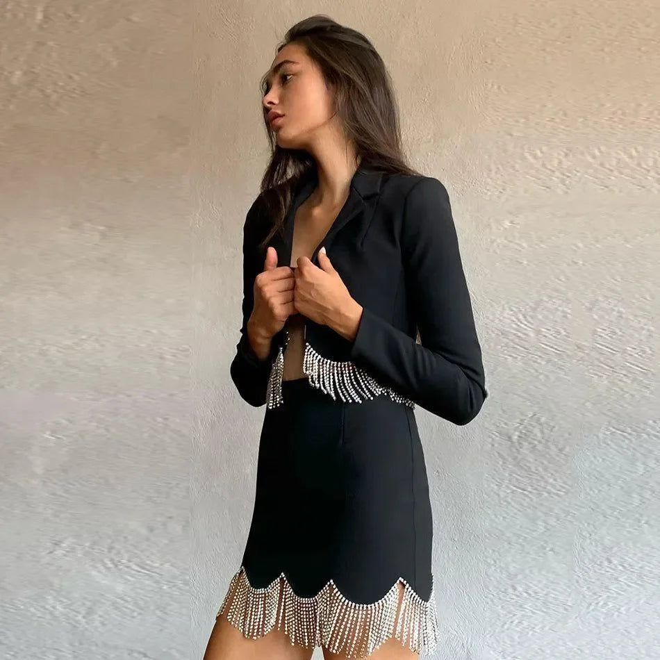 black mini dress with crystal fringe, evening outfit