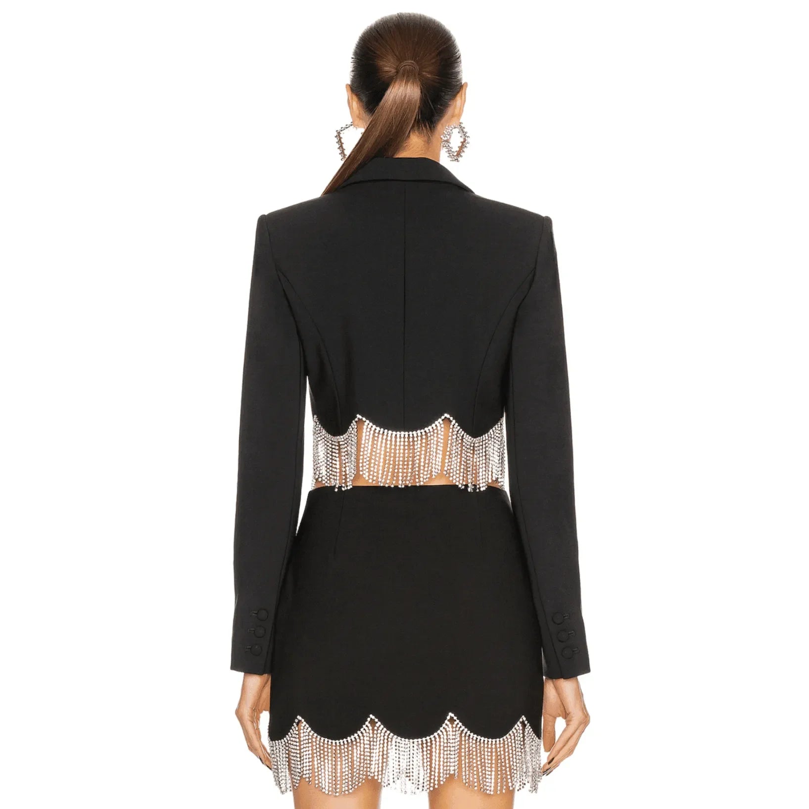 black crop blazer with crystal fringe, evening wear