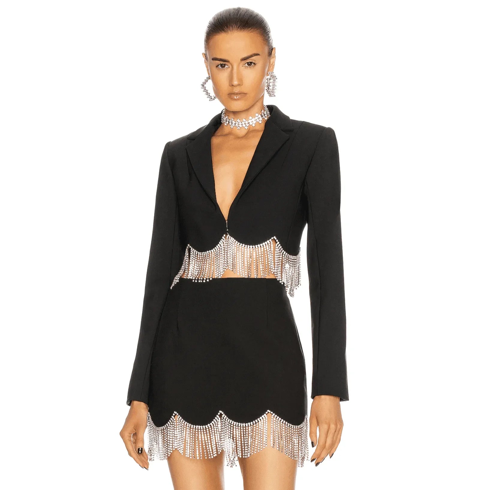 black blazer and skirt set with crystal fringe, party outfit