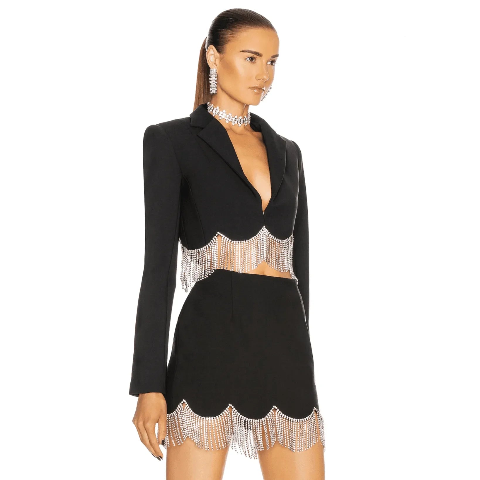 black blazer and skirt set with crystal fringe, evening wear