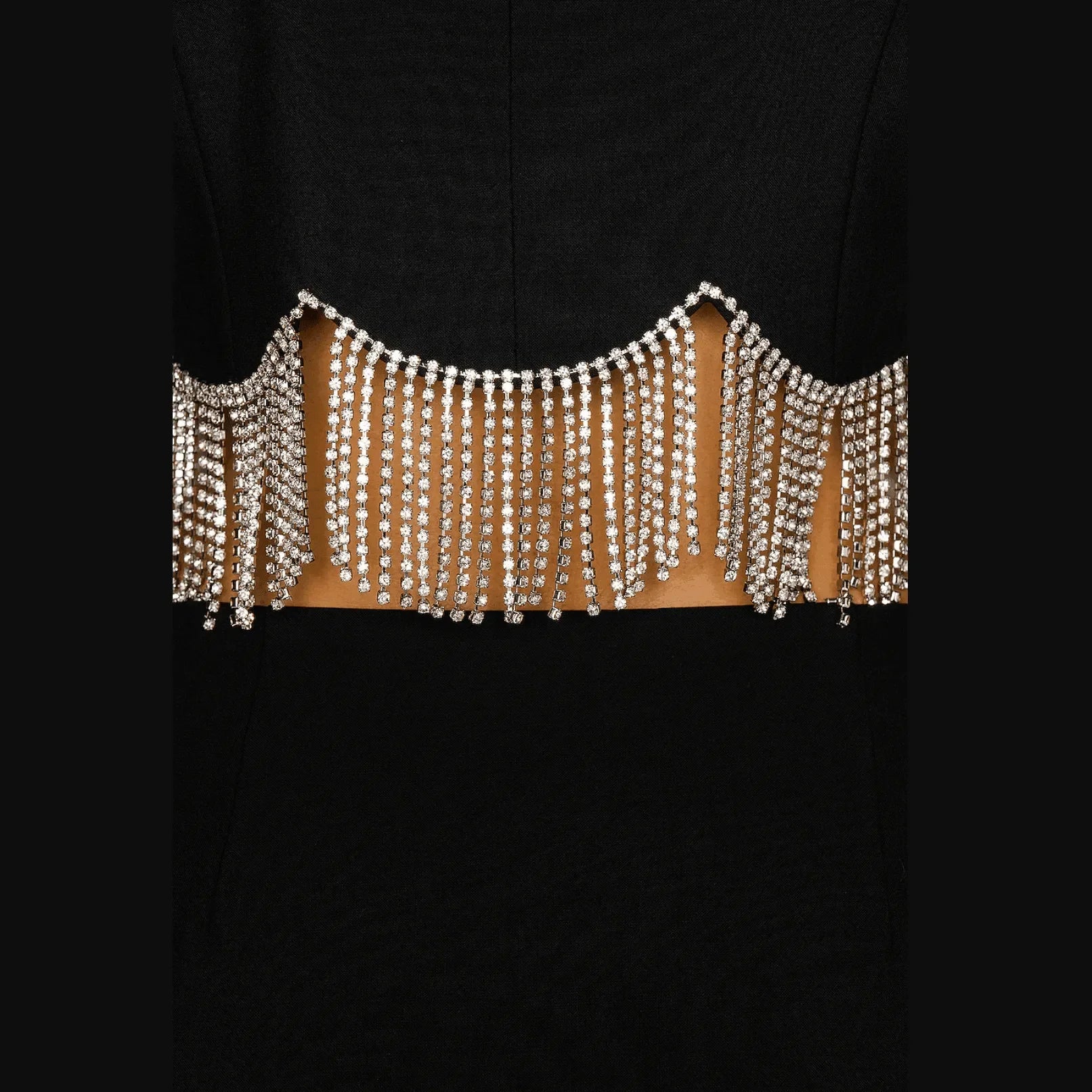 black dress with crystal fringe detailing, evening wear