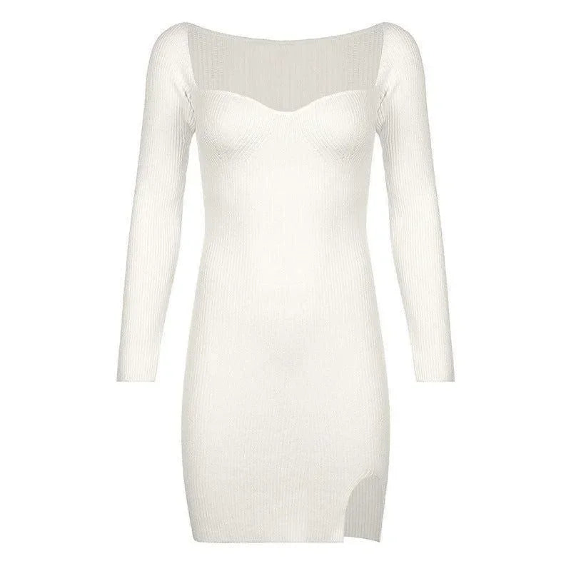 white bodycon mini dress with long sleeves, evening look