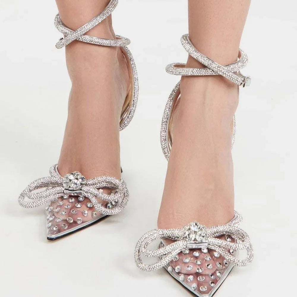 rhinestone heels with pointed toe and ankle strap, evening wear