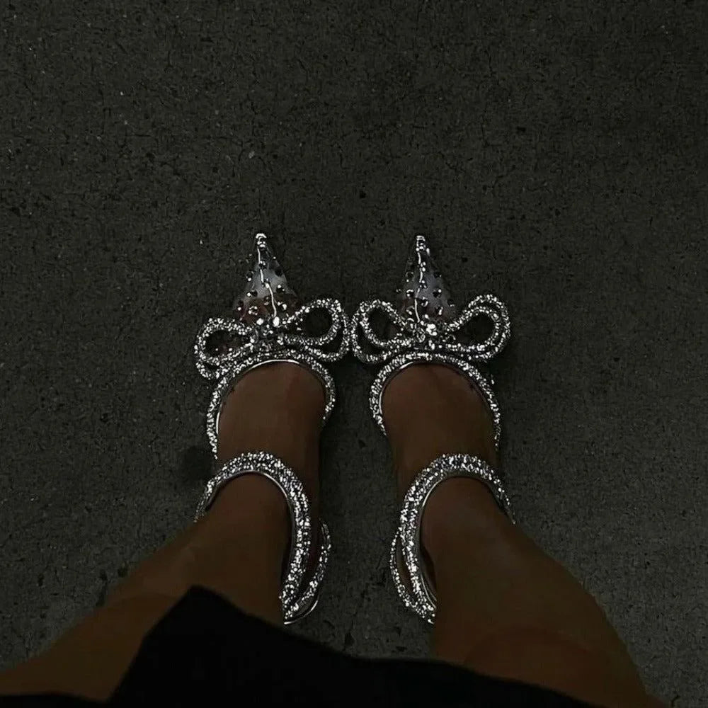crystal heels with pointed toe, party outfit
