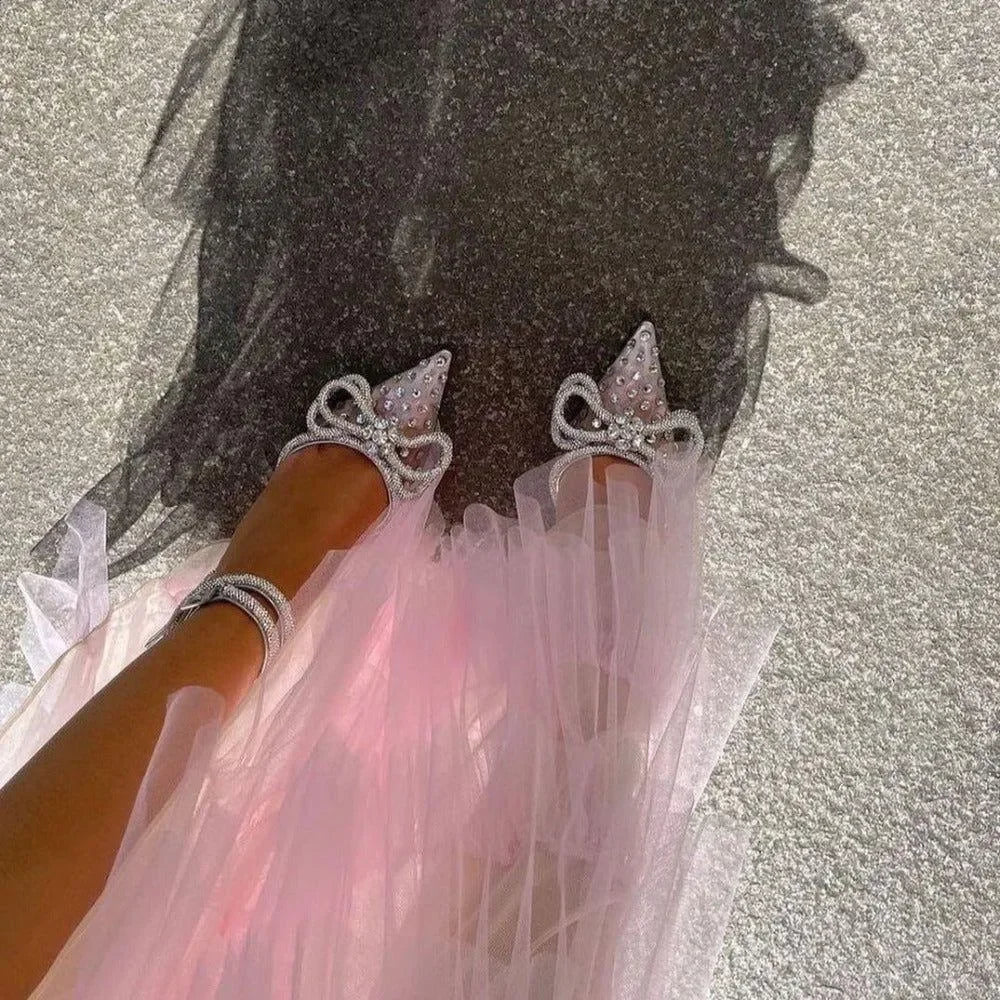 pink tulle dress paired with rhinestone heels, evening look