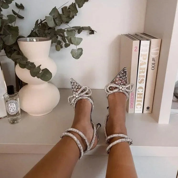 crystal embellished heels with bow detail