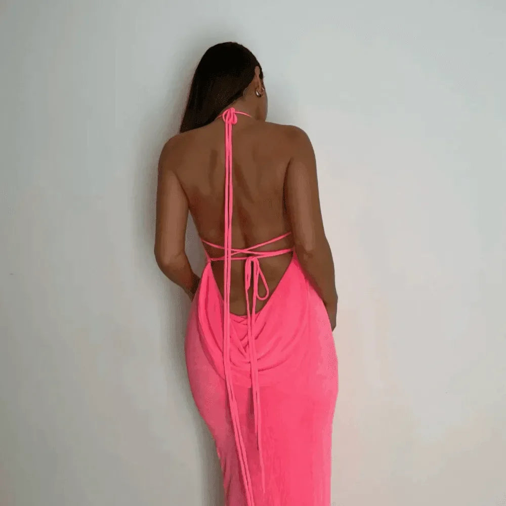 Silvana Hot Pink Draped Back Velvet Maxi Dress