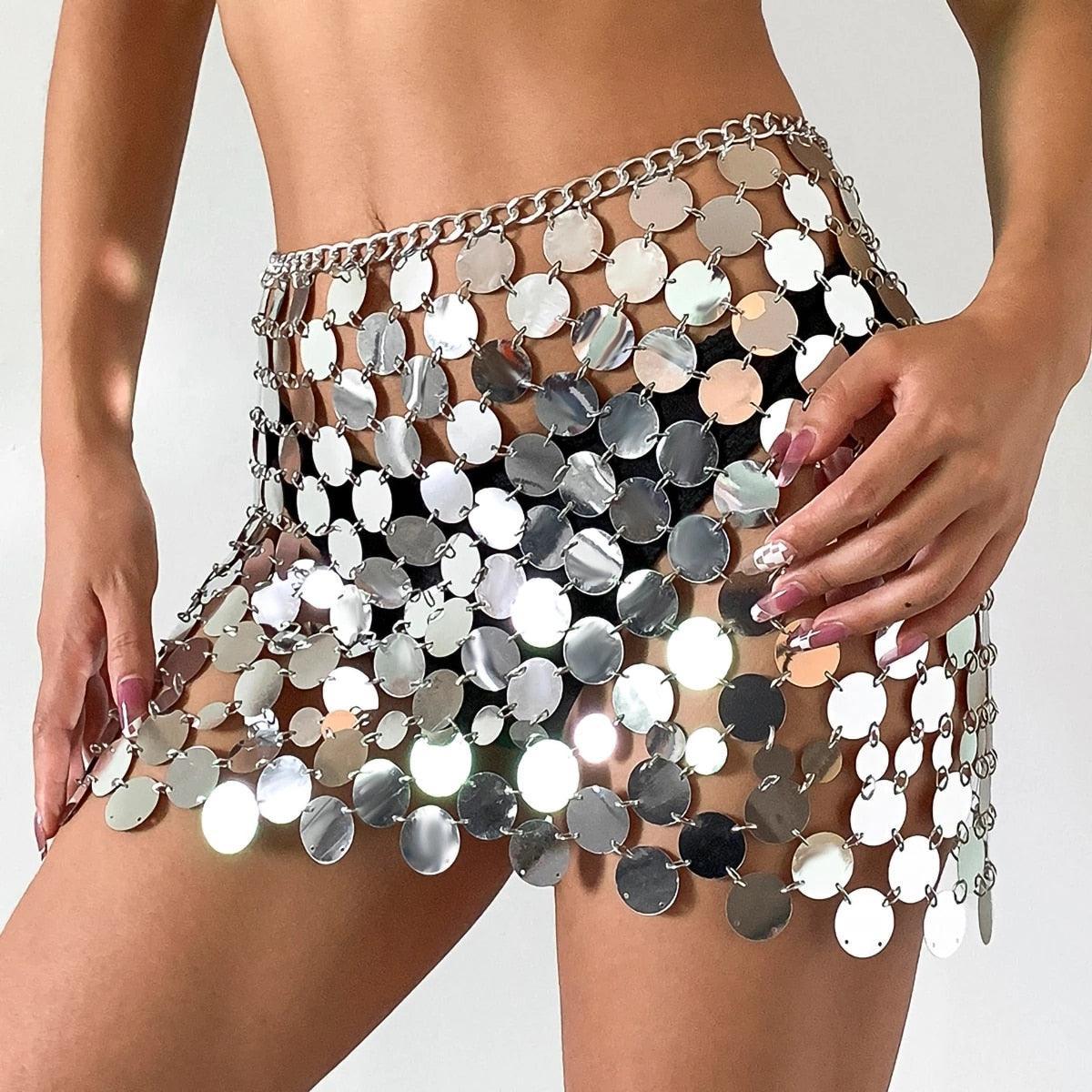 Chainmail-inspired metallic mini skirt, perfect for a party outfit.