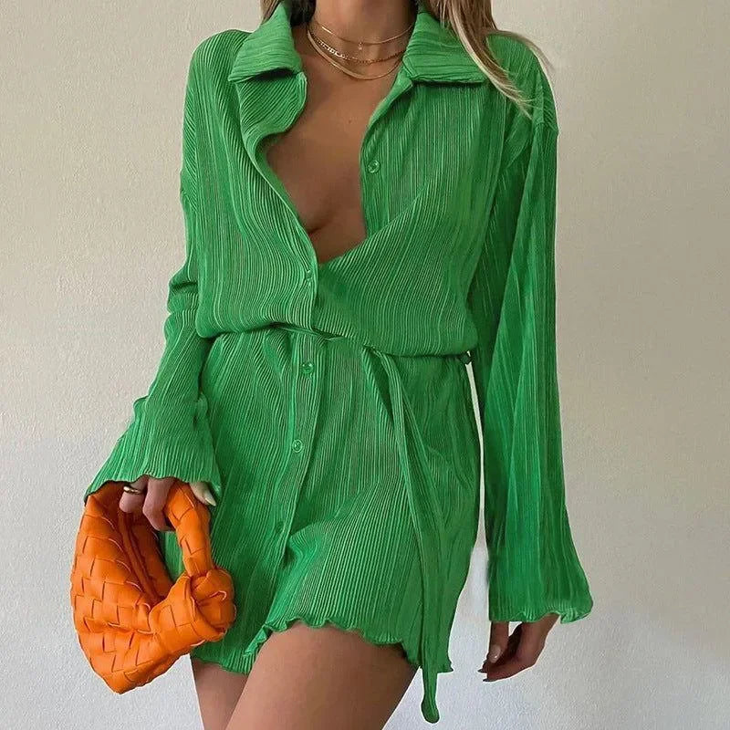 Simona Pleated Button Up Shirt Mini Dress - Green / S - Mermaid Way