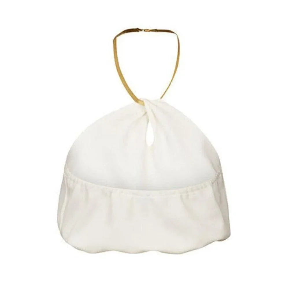 white handbag with gold chain strap