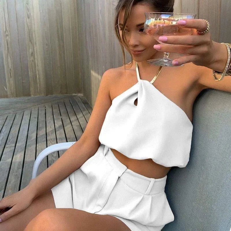 halter-neck top and high-waisted shorts, casual summer outfit