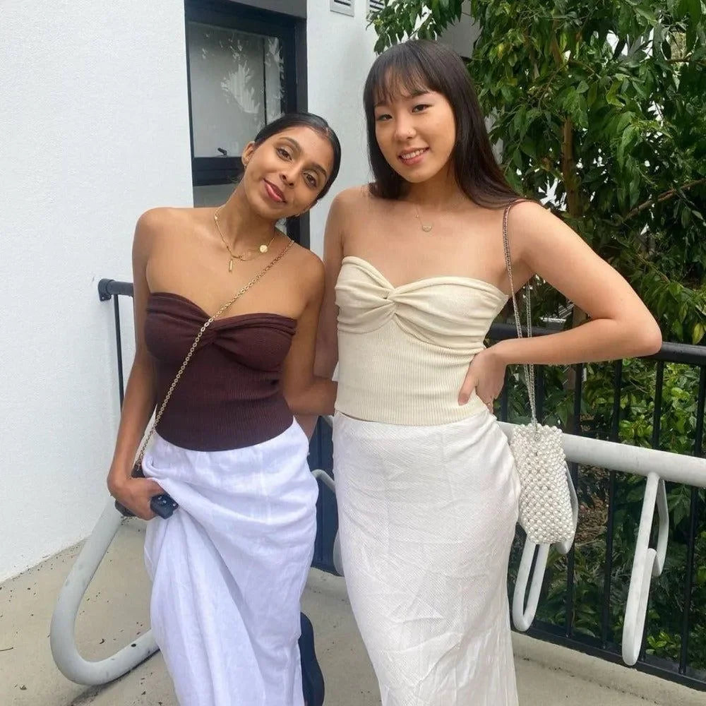 Small Treasure Ruched Twist Bandeau Knitted Top - Beige / S - Mermaid Way