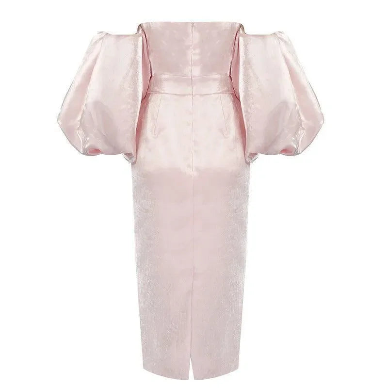 off-shoulder satin dress with puff sleeves, evening wear