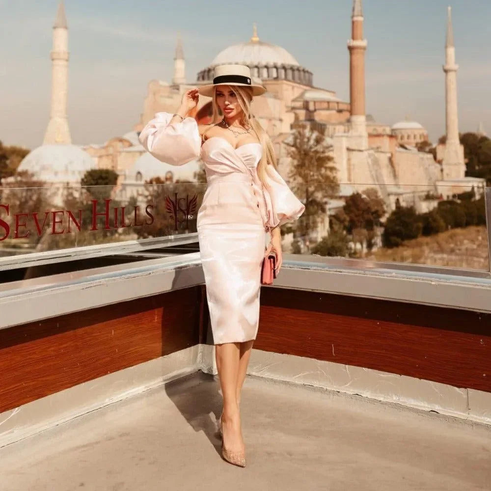 satin off-shoulder midi dress with puff sleeves, elegant look