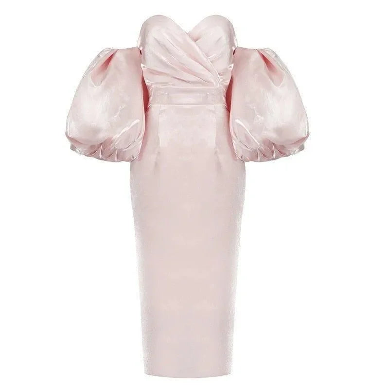 satin puff-sleeve midi dress, evening wear
