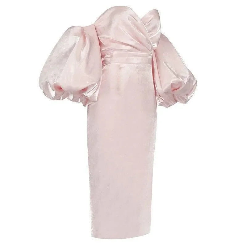 satin off-shoulder dress with puff sleeves, evening wear