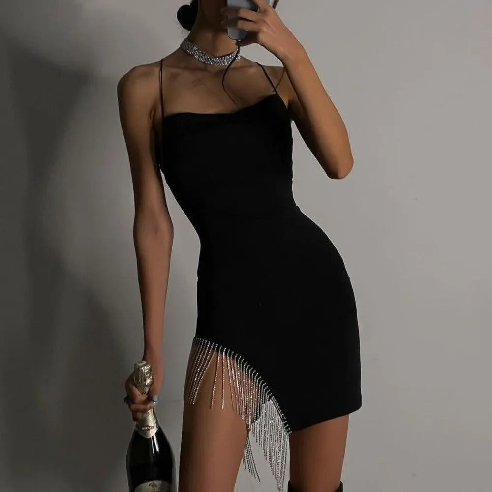 black mini dress with crystal fringe hem, evening look