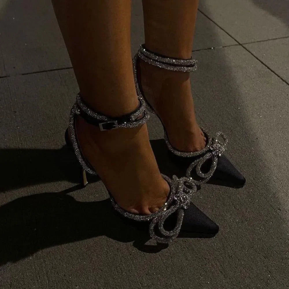 Sugarcoat Diamante Double Bow Satin Heels - Black / 5 - Mermaid Way