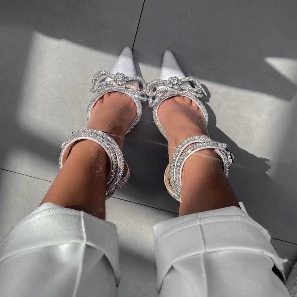Sugarcoat Diamante Double Bow Satin Heels - White / 5 - Mermaid Way