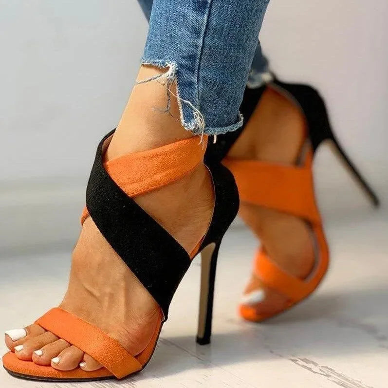 two-tone crisscross strap heels with stiletto