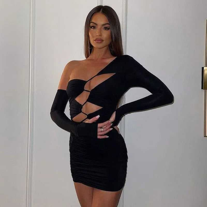 Taffy One Shoulder Asymmetric Cut Out Mini Dress - Black / S - Mermaid Way