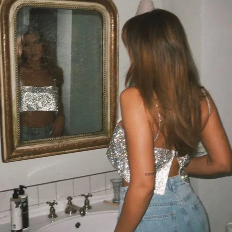 Text Me Sparkle Crop Top - Silver / S - Mermaid Way